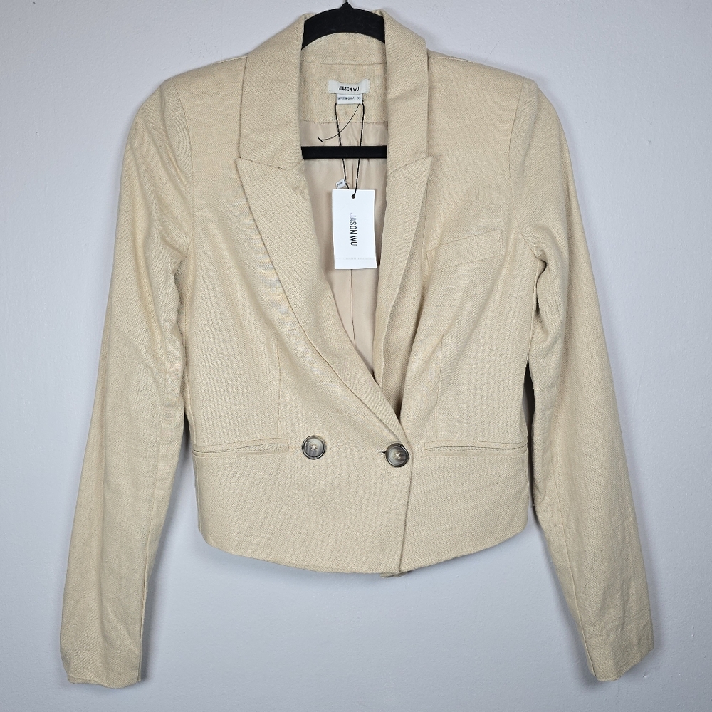 Jason Wu Women's Linen Blend Blazer Button Jacket Tan Career Office Dressy Chic
